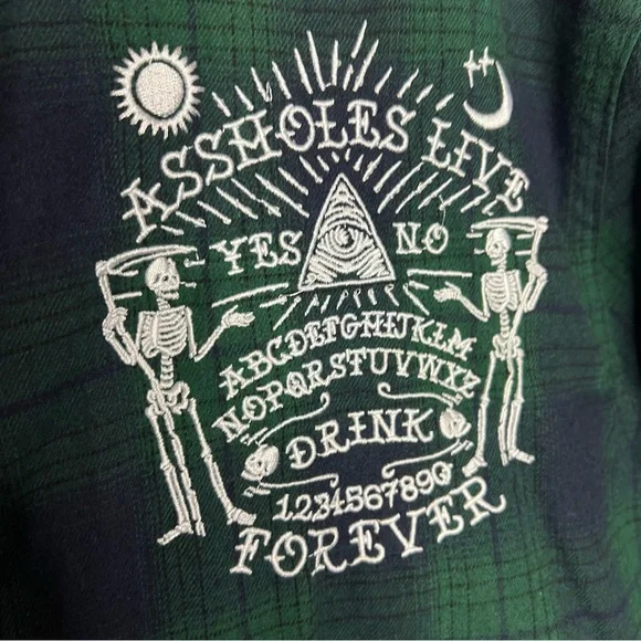 A**Holes Live Forever Green Blue Plaid Long Sleeve Mens Embroidered Shirt XXXL - Picture 6 of 10